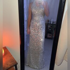 Elegant Silver Sequin Evening Gown